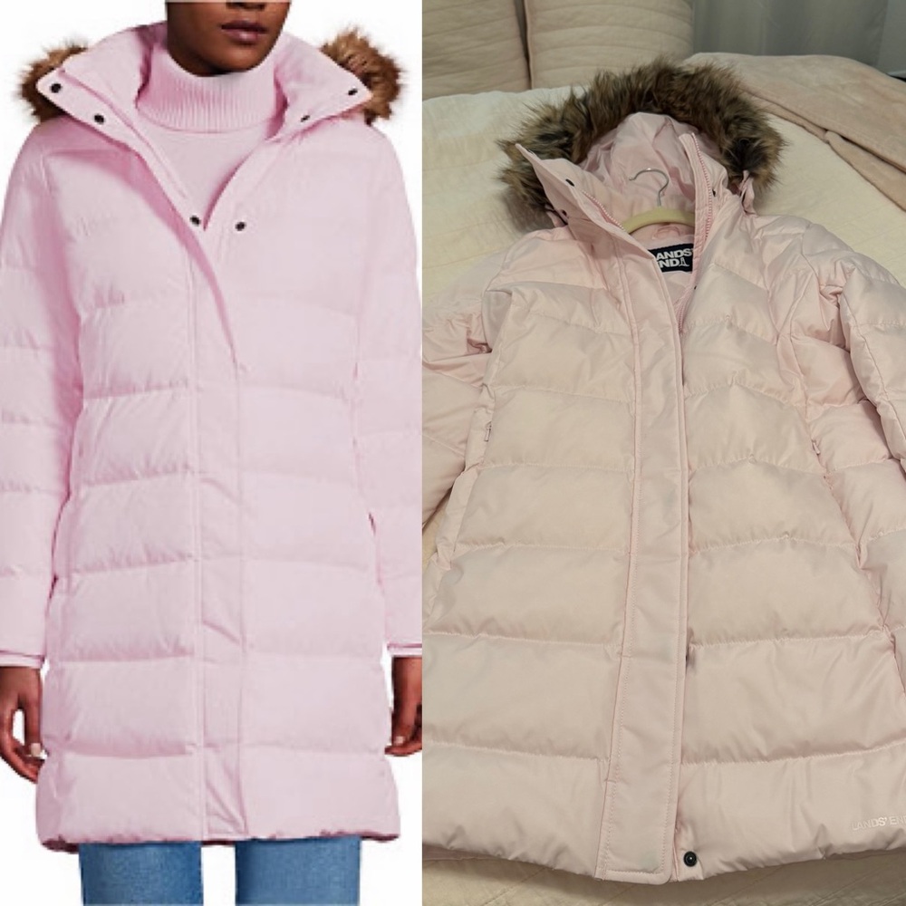 Lands’ End Light Pink 600 Down Puffer Jacket With Fur Trim Hood